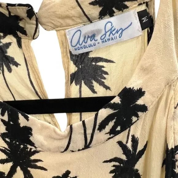 Ava Sky Women's M Palm Tree Print Midi Dress Cream/Black Sleeveless - Picture 4 of 5